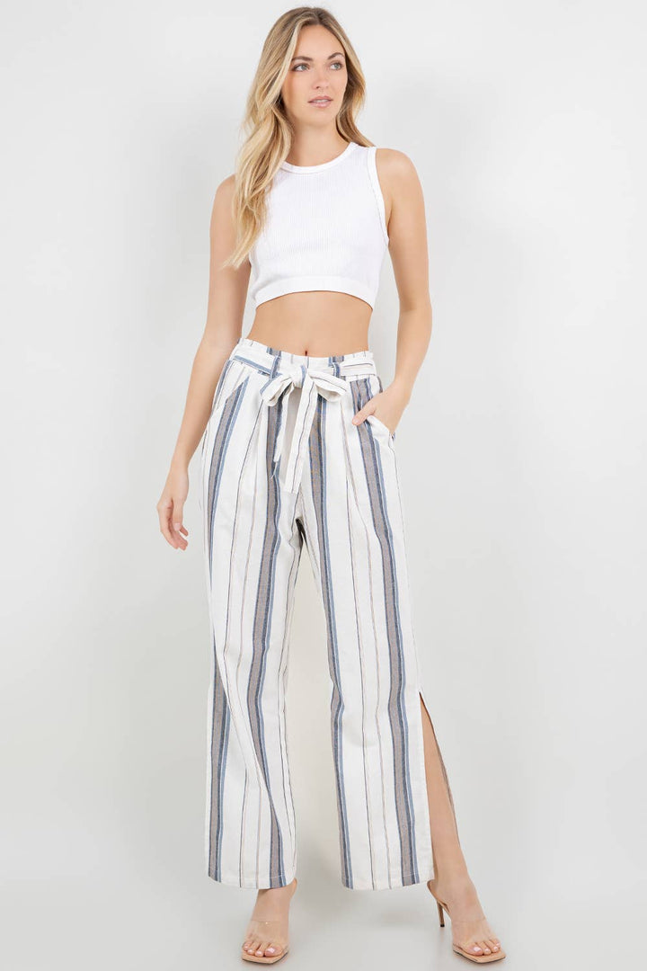 Tie Waist Wide Leg Linen Blend Pants with Side Slit
