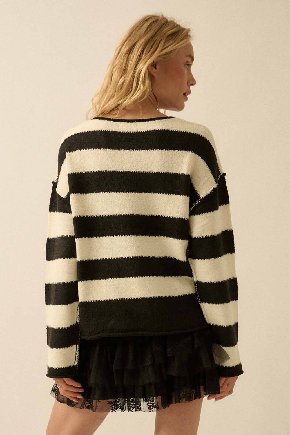 Textured Striped Knit Rolled-Edge Sweater