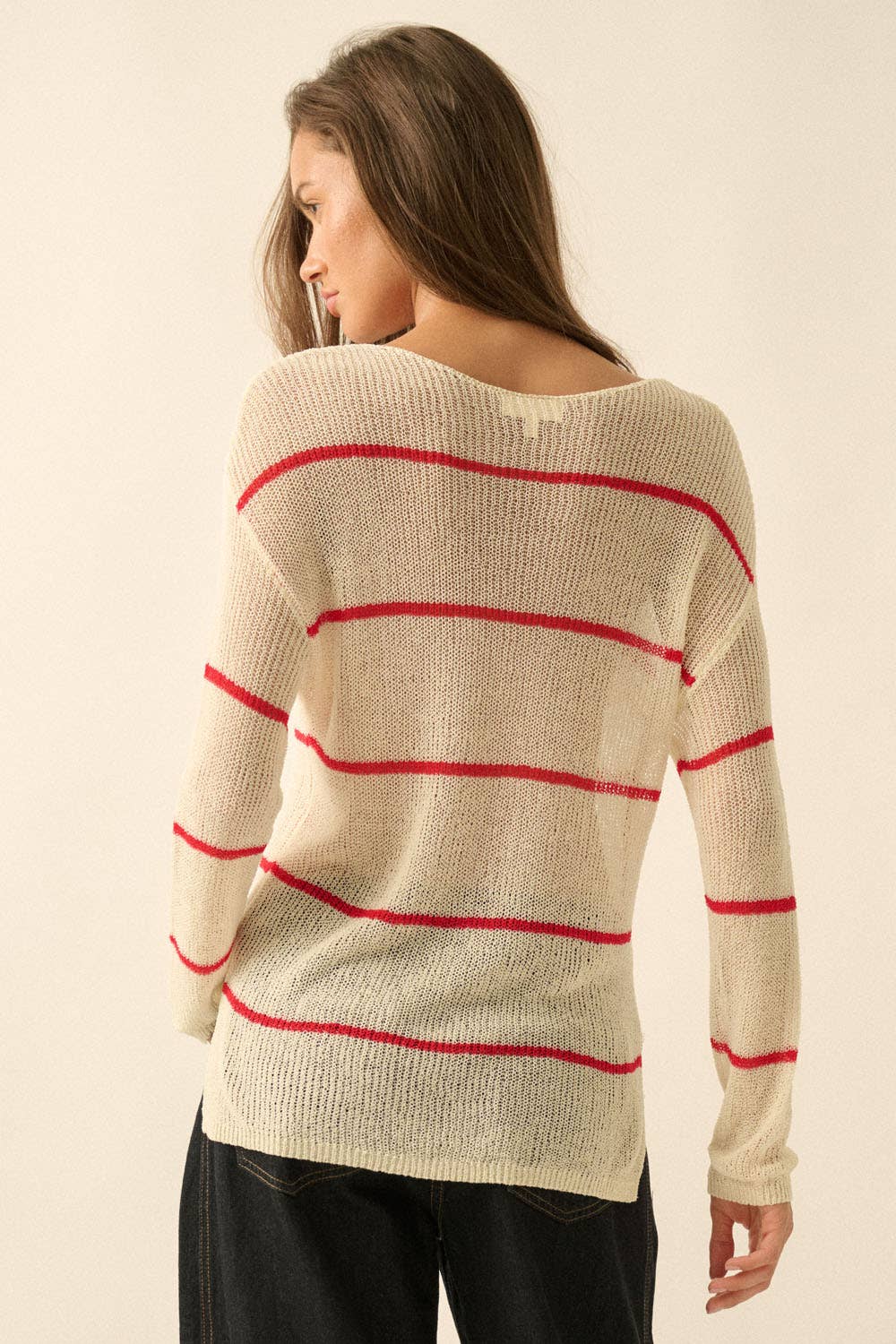 Red Striped Semi-Sheer Lightweight Knit Loose-Fit Sweater