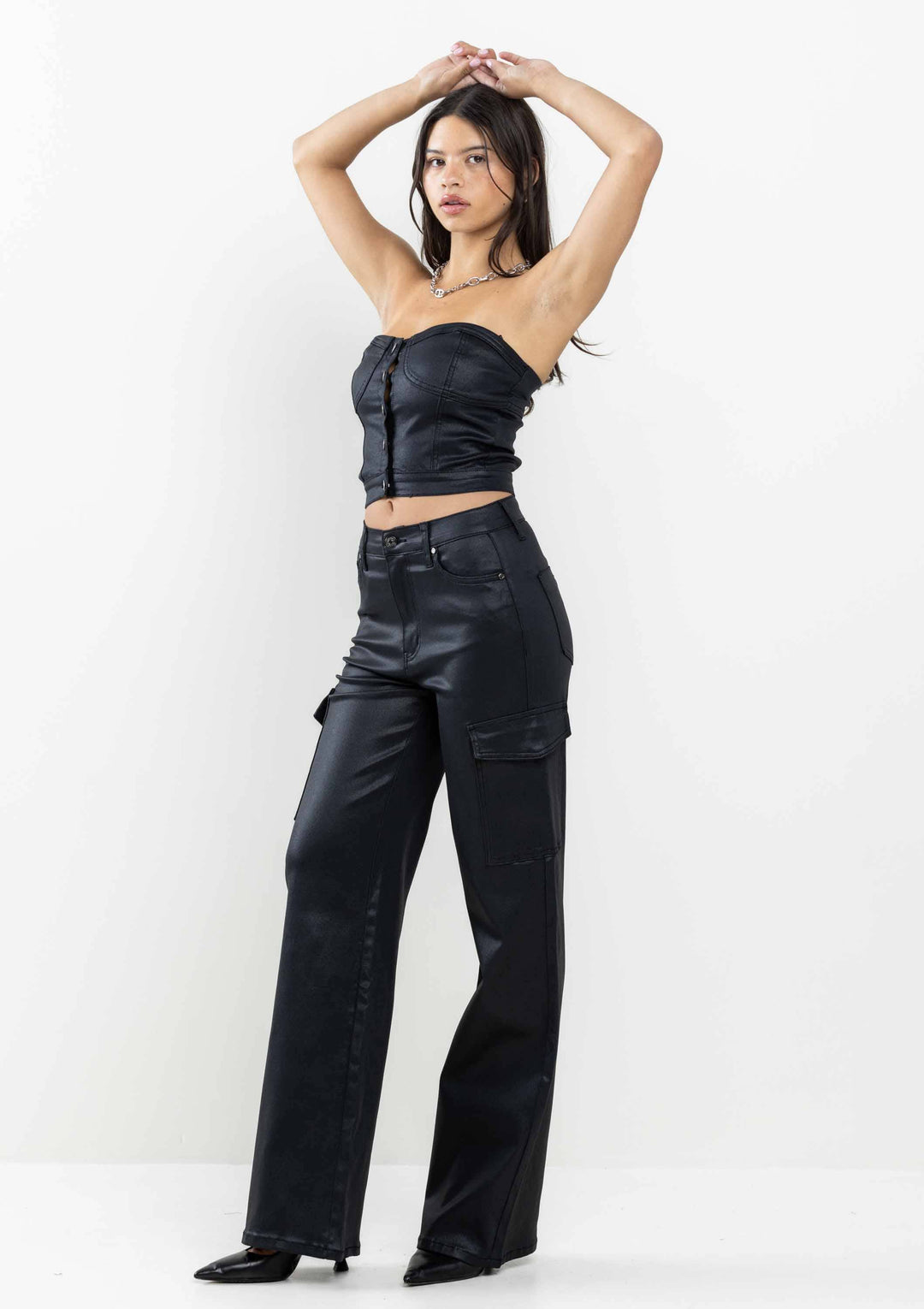 Black Coated Denim Strapless Top