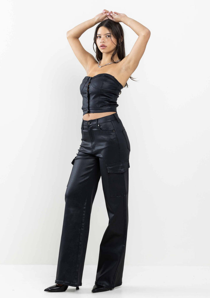 Black Coated Denim Strapless Top