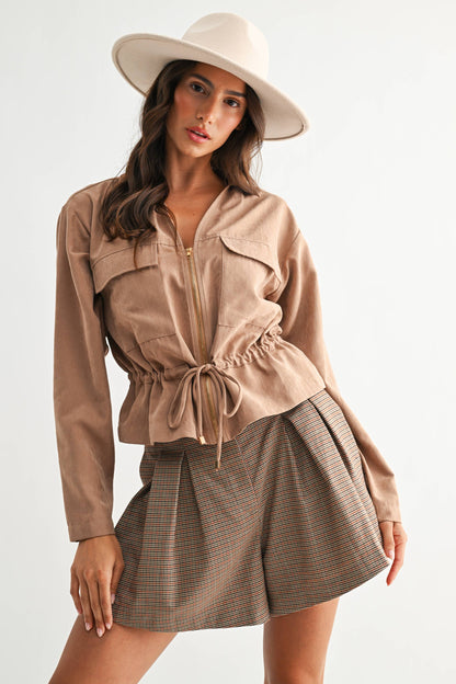 Lightweight Taupe Drawstring Utility Jacket