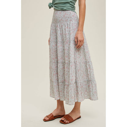 FLORAL TIERED MIDI SKIRT WITH SLIT