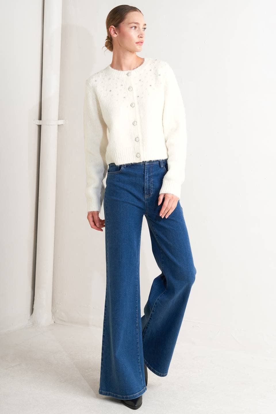 Embellished Ivory Sweater Knit Cardigan