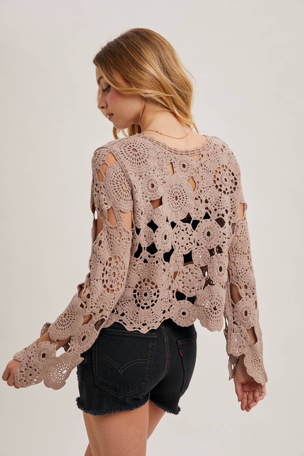 BELL SLEEVED SHEER CROCHET TOP