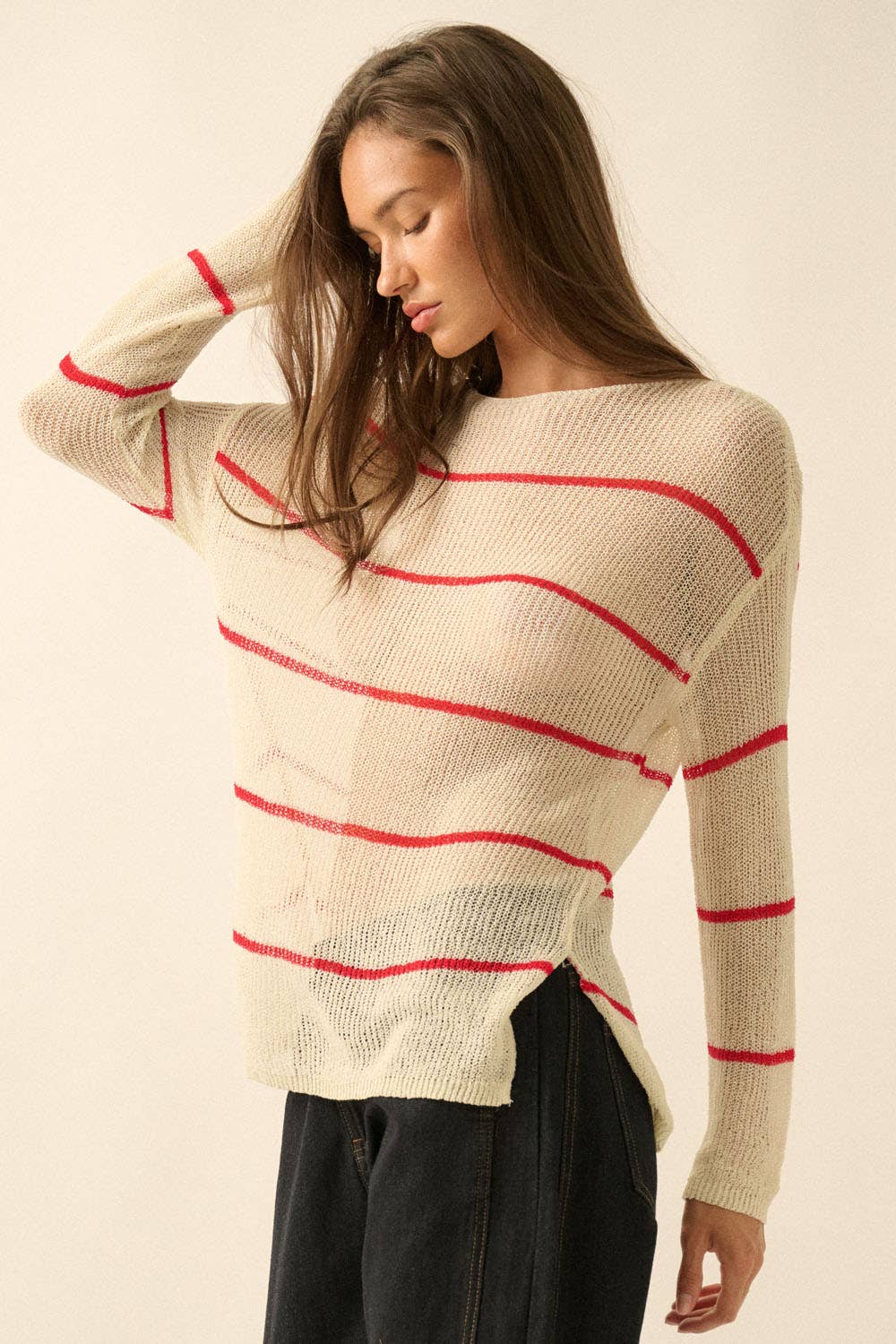 Red Striped Semi-Sheer Lightweight Knit Loose-Fit Sweater
