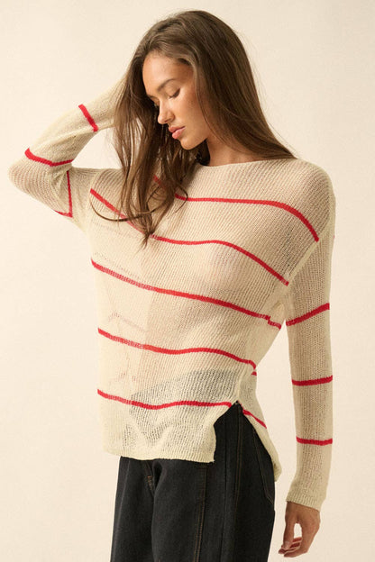 Red Striped Semi-Sheer Lightweight Knit Loose-Fit Sweater