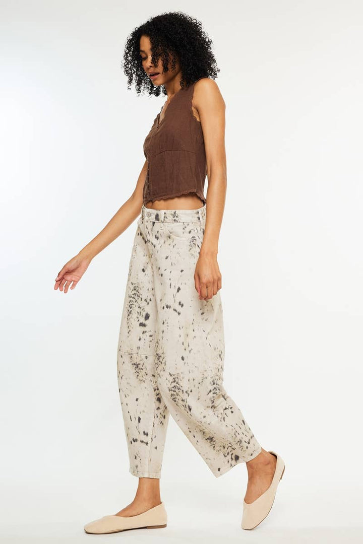 High Rise Abstract-Leopard Print Barrel Jean