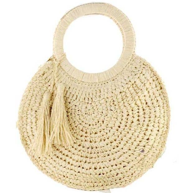 Tassel Woven Rattan Straw Wicker Shoulder Round Tote