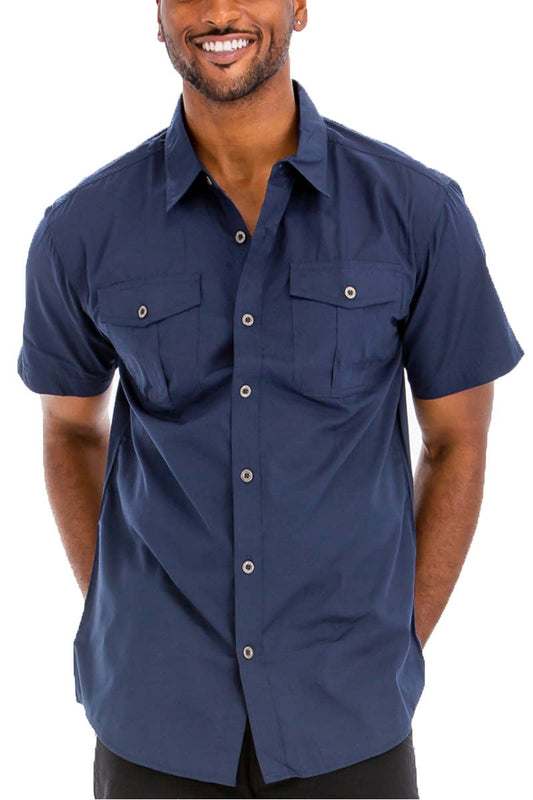 Dual Two Chest Pocket  Short Sleeve Button Down Shirt