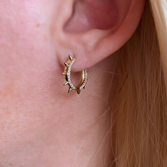 18k Gold Filled Spike Hoop Earrings With Cubic Zirconia Detail