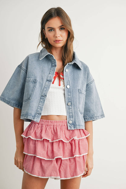 Button Front Cropped Denim Shirt