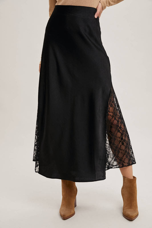 LACE TRIMMED MID-RISE SATIN MIDI SKIRT