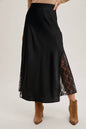 LACE TRIMMED MID-RISE SATIN MIDI SKIRT