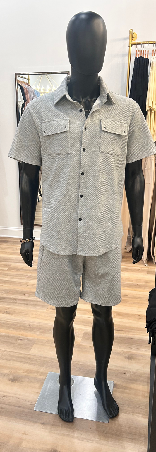 MENS GRAY SHORT SLEEVE BUTTON UP AND SHORT SET