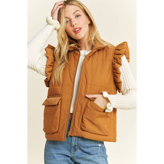 EVERYDAY PUFF ZIP UP VEST JACKET with ARMHOLE RUFFLE DETAILS