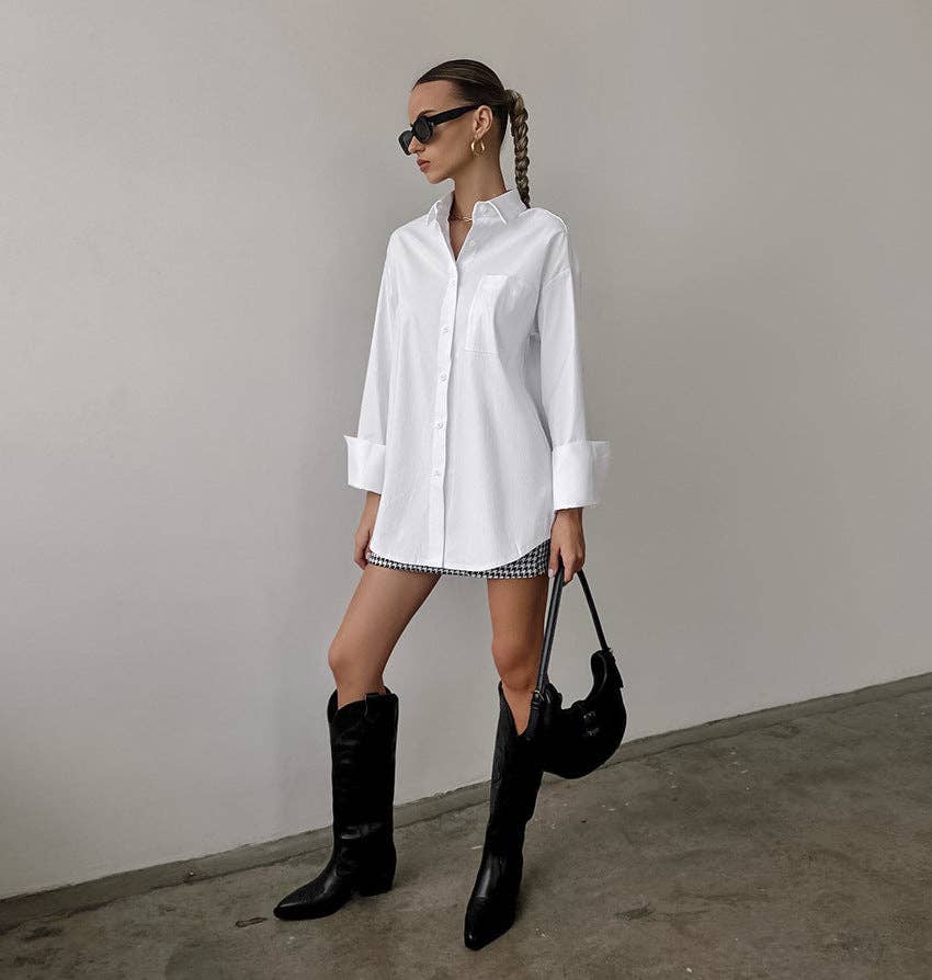 White Lapel Collared Button Down Shirt