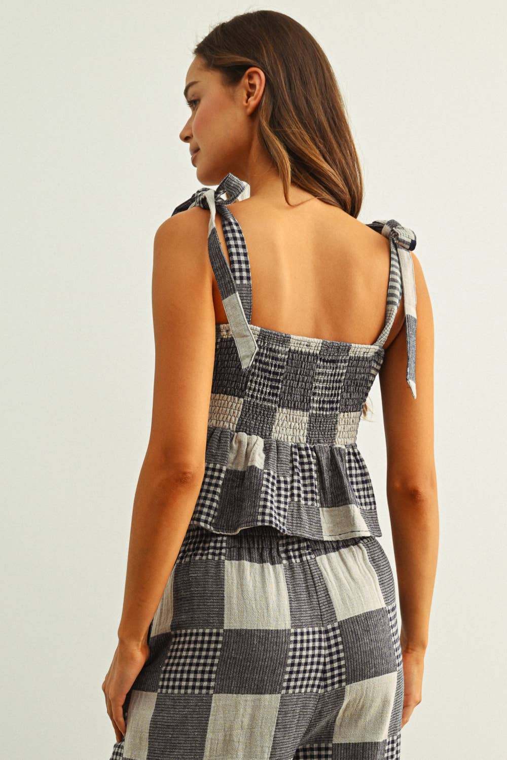 NAVY GINGHAM AND STRIPE PATCH EFFECT TOP