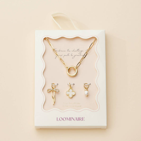 Gold Dipped Bow Charm Necklace with Clover and Pearl