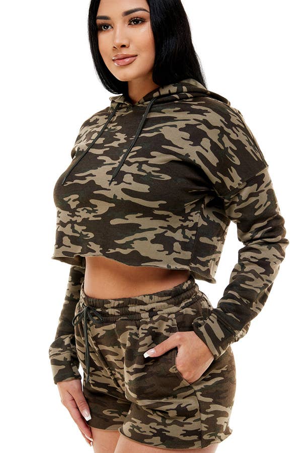 Fleece Crop Camo Hoodie with Short Lounge Set