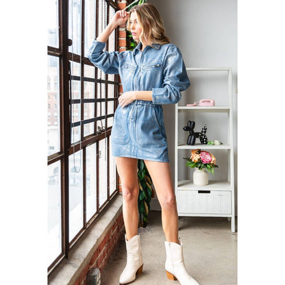 Metallic Foil Denim Utility Mini Dress