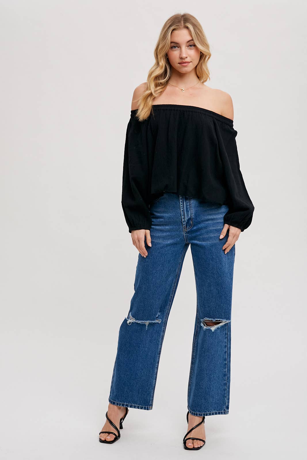 LINEN OFF THE SHOULDER BALLOON HEM TOP