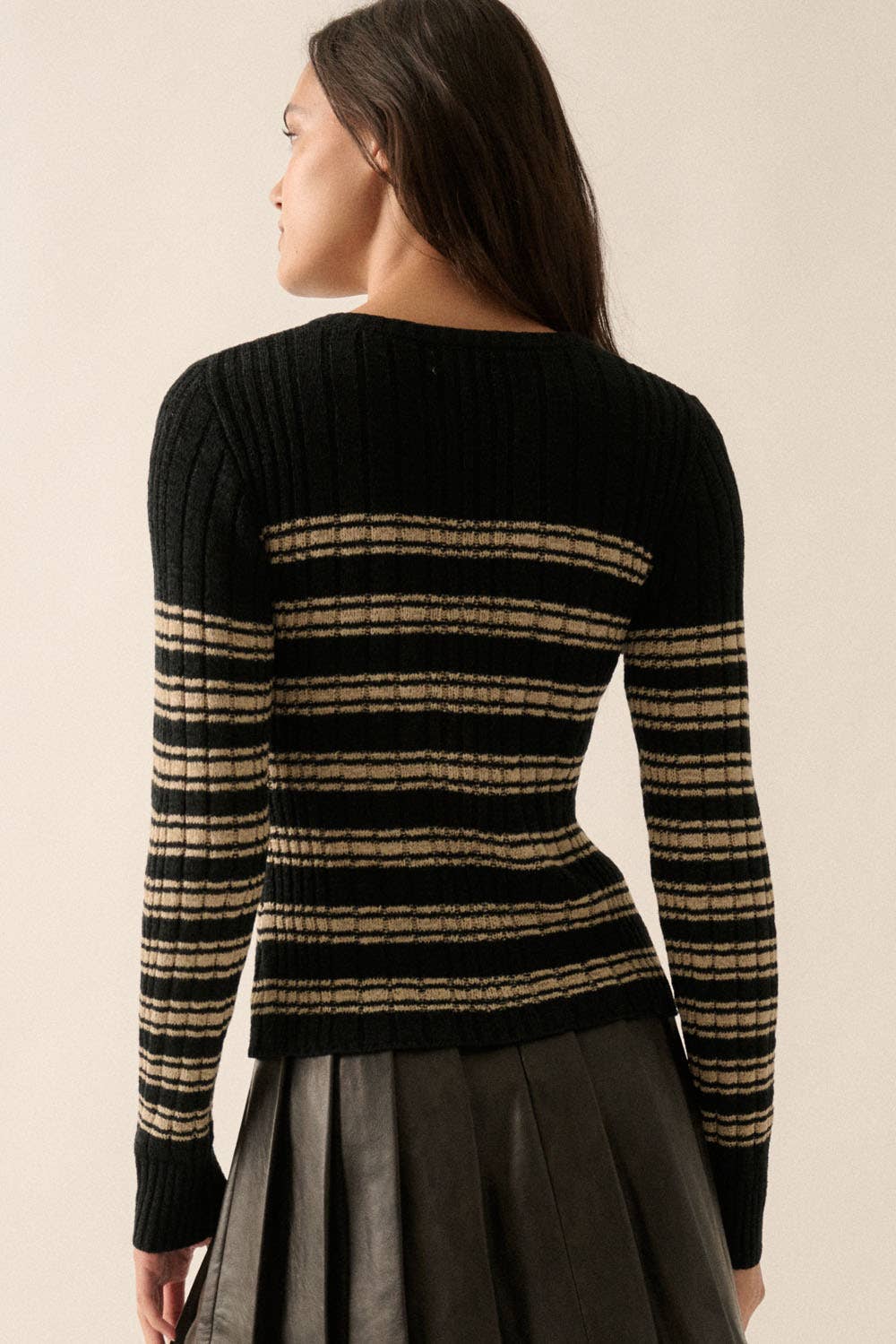 Striped Buttoned Rib-Knit Top