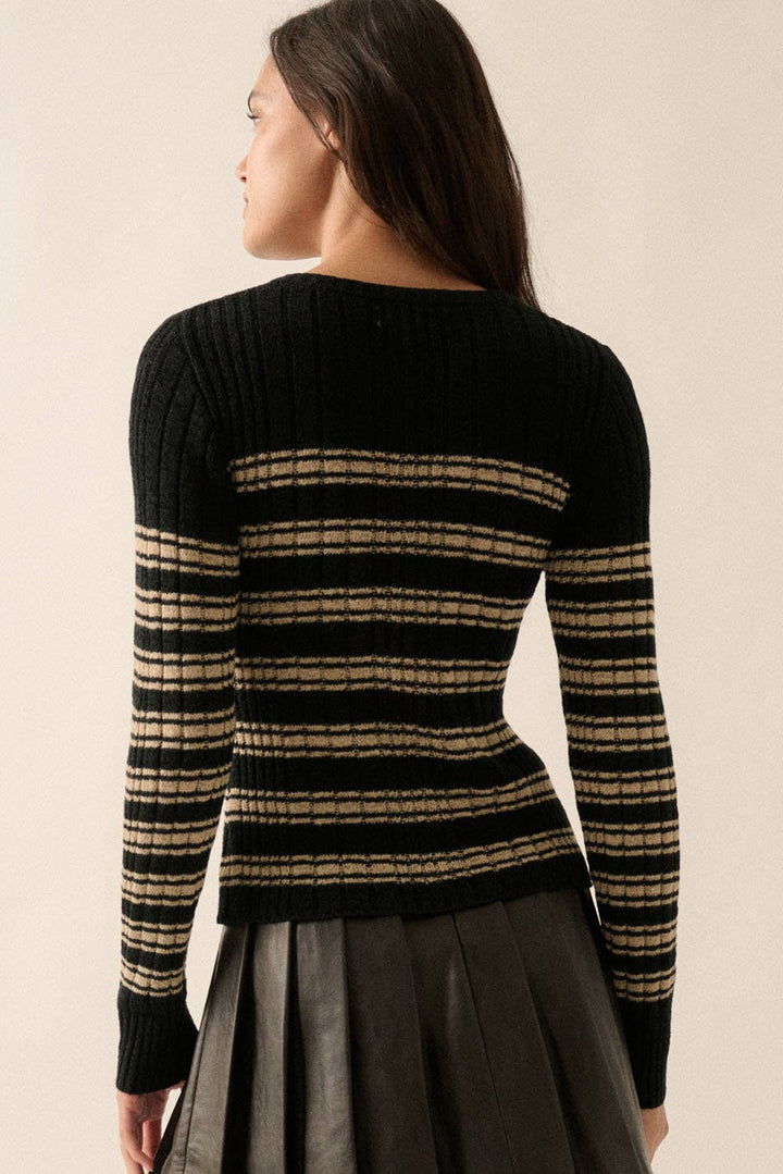 Striped Buttoned Rib-Knit Top
