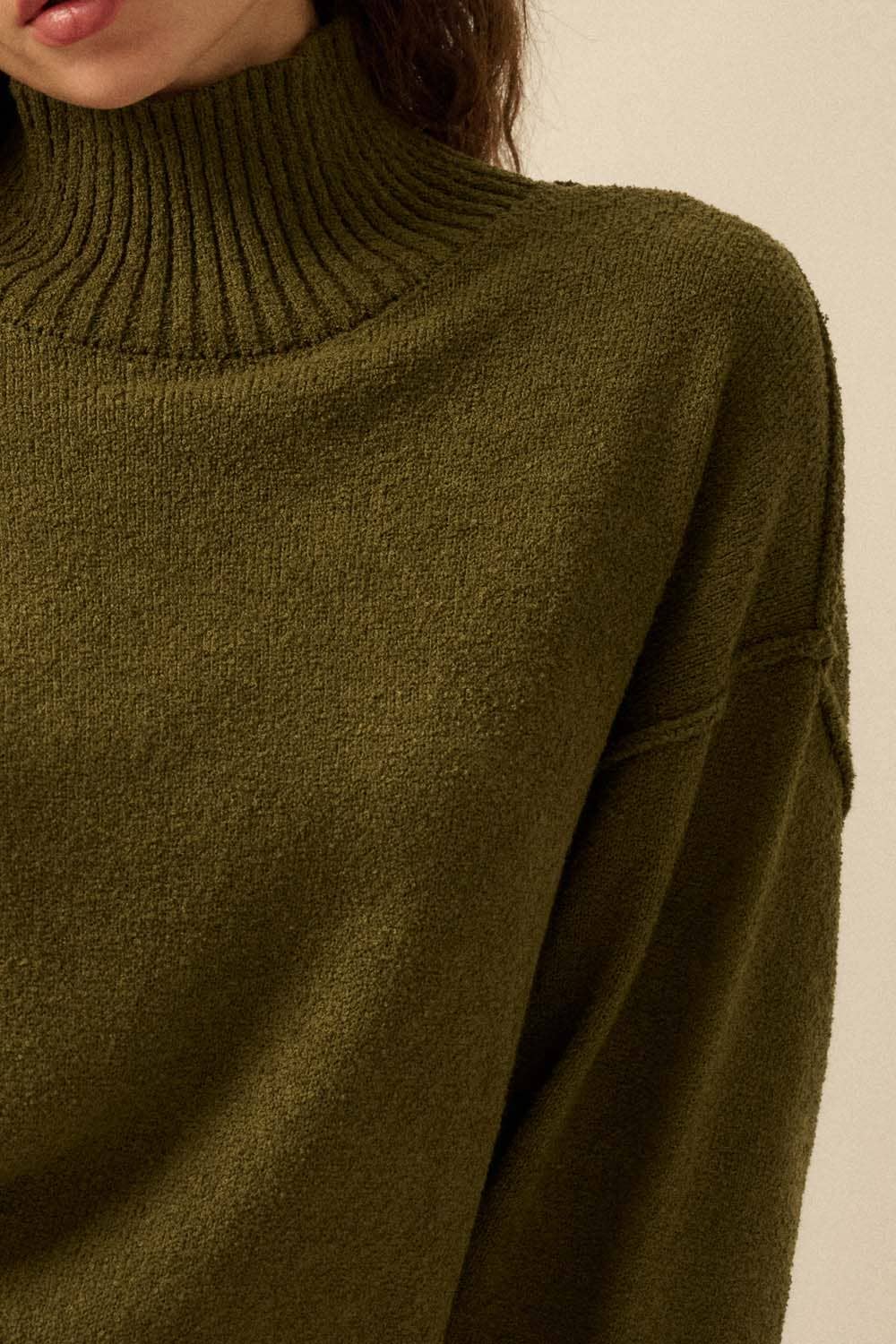 Textured Knit Exposed-Seam Mock-Neck Sweater