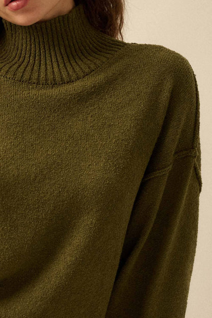 Textured Knit Exposed-Seam Mock-Neck Sweater