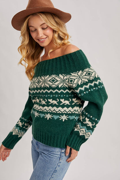 FAIR ISLE OFF SHOULDER KNIT SWEATER - HOLIDAY