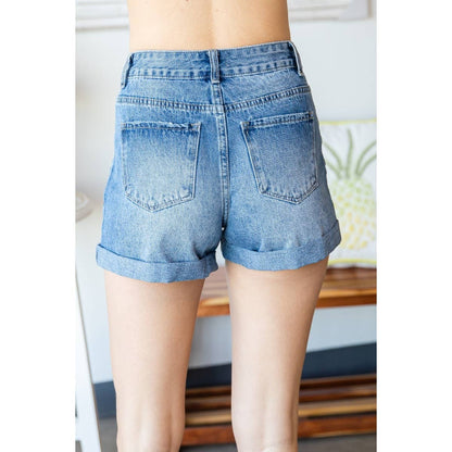 Washed Denim Distressed Roll up Shorts