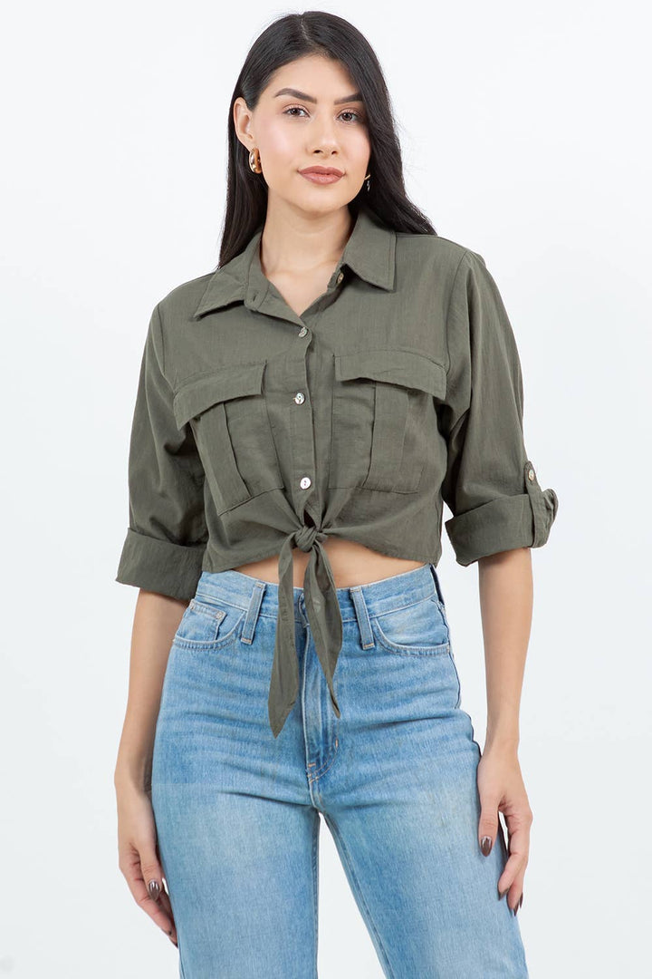 Flap Pocket Tie Front Knot Cropped Shirt
