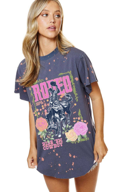 Rodeo 1976 Ride 'Em Cowboy Graphic Bleached Top