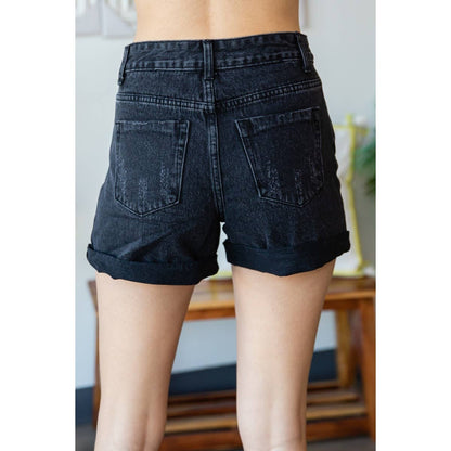 Color Washed Distressed Roll Up Denim Shorts