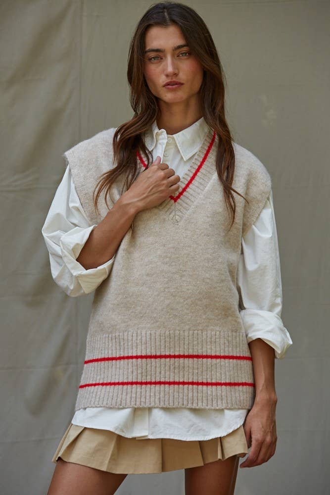 Striped V-Neck Sleeveless Knit Vest