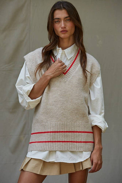 Striped V-Neck Sleeveless Knit Vest