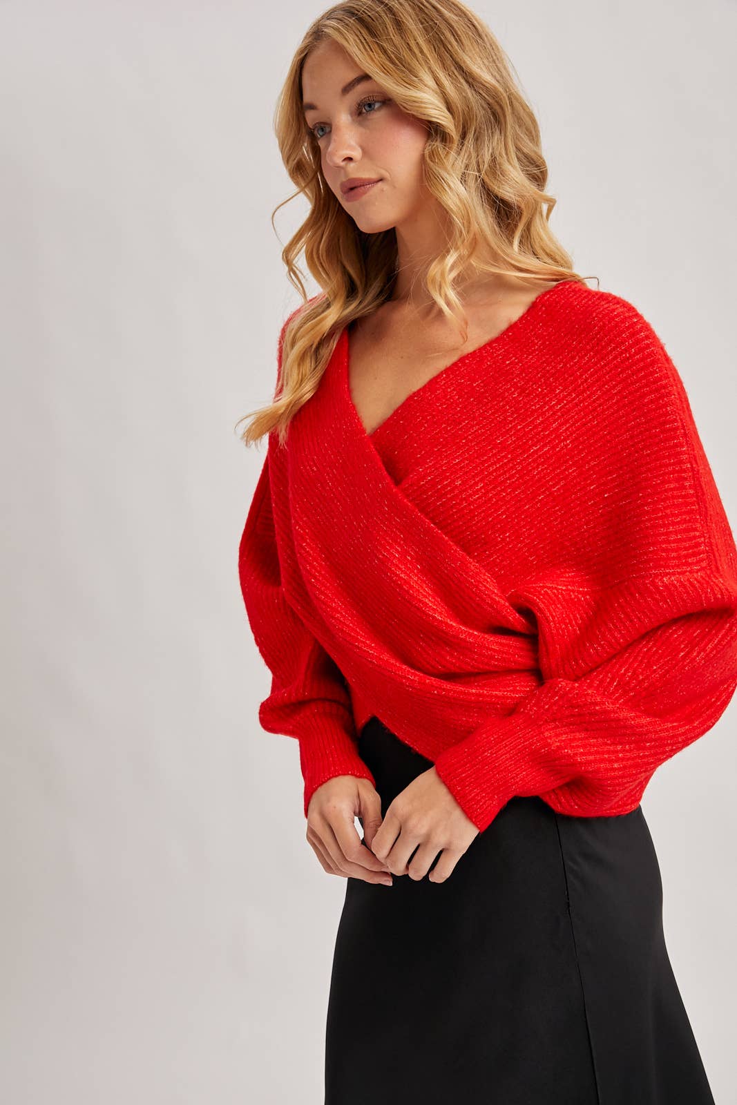 WRAP CROSSOVER RIBBED FUZZY KNIT SWEATER PULLOVER