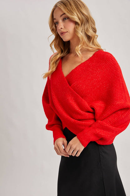 WRAP CROSSOVER RIBBED FUZZY KNIT SWEATER PULLOVER
