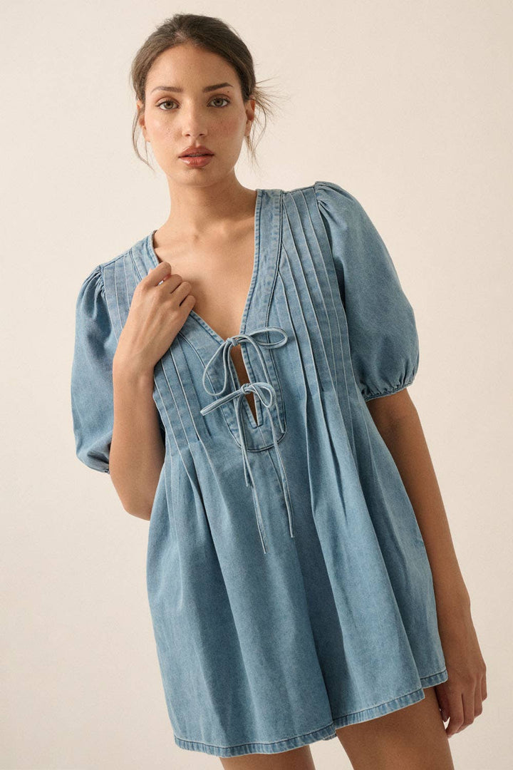 Denim Puff-Sleeve Tie-Front Pleated Romper