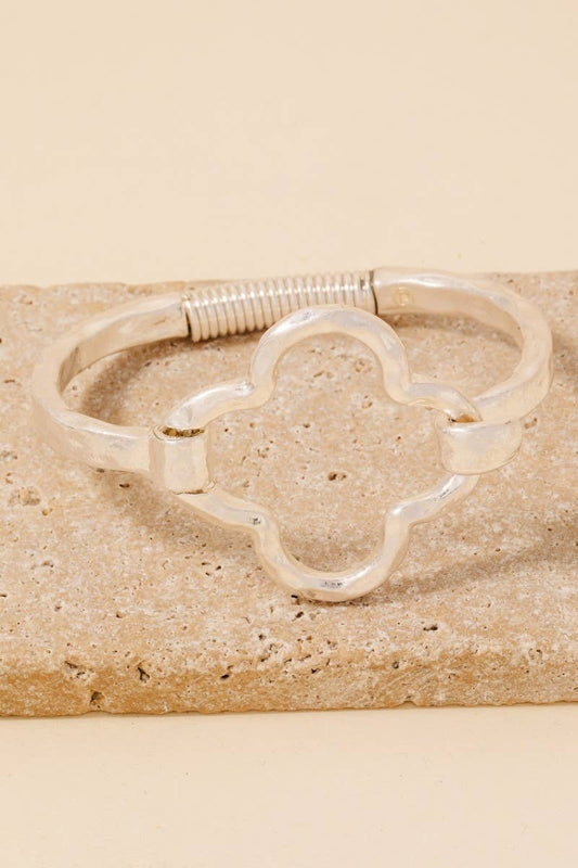 Hammered Clover Coil Spring Hook Bangle Bracelet