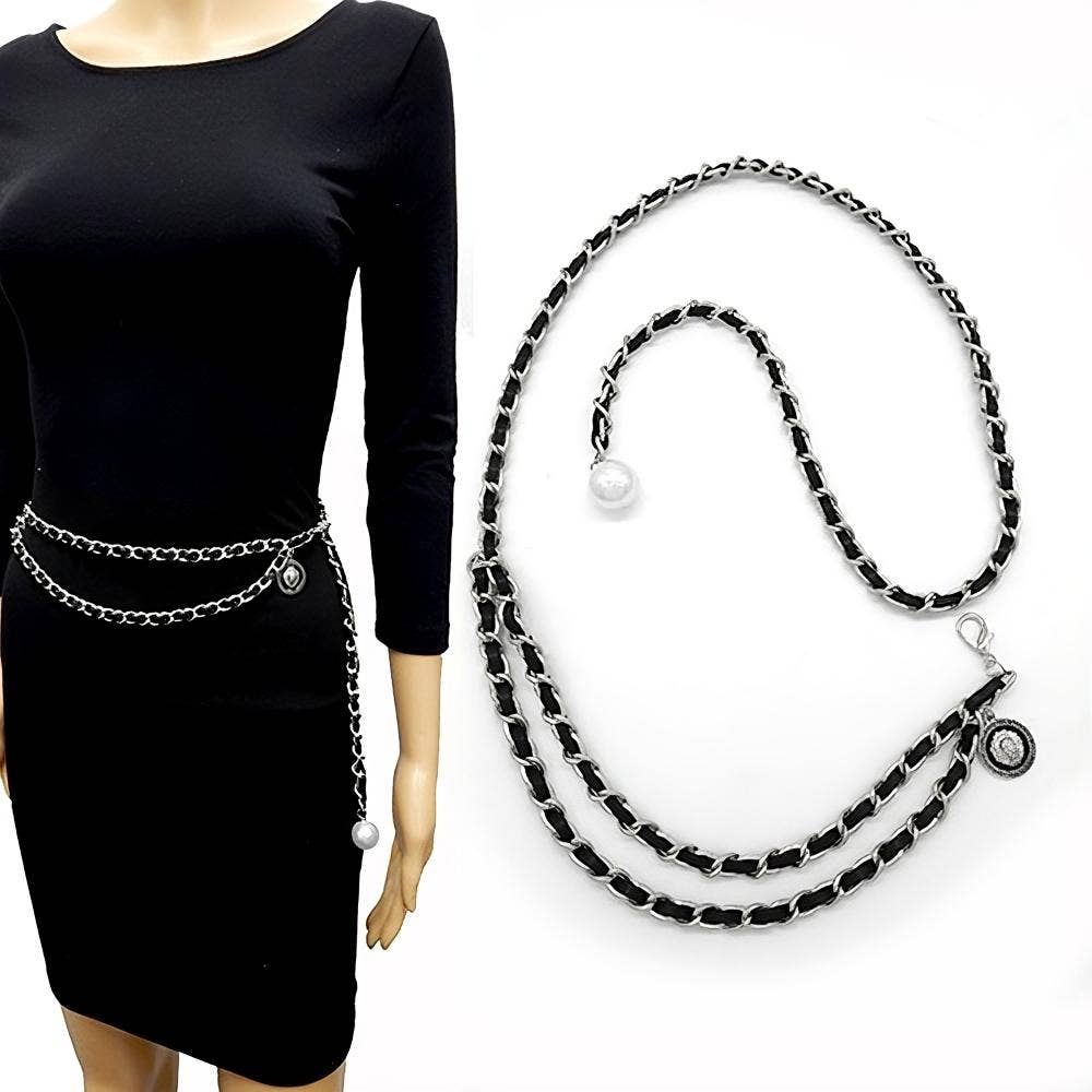 Greek Lion Pearl Charm Leather Chain Belt