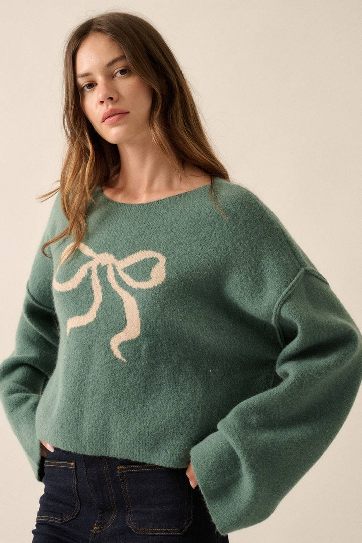 Solid Contrasting Ribbon-Bow Knit Sweater