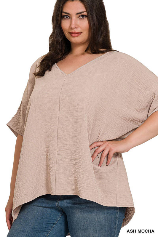 Plus Size Woven V-neck Dolman Short Sleeve Top