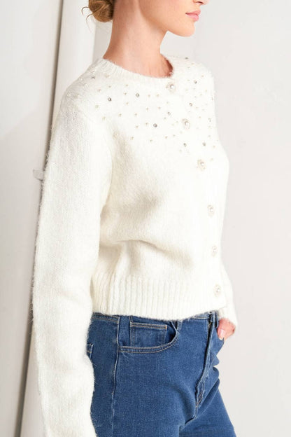 Embellished Ivory Sweater Knit Cardigan