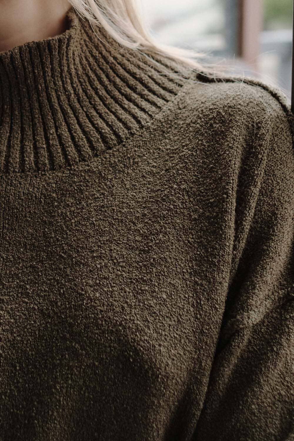 Textured Knit Exposed-Seam Mock-Neck Sweater