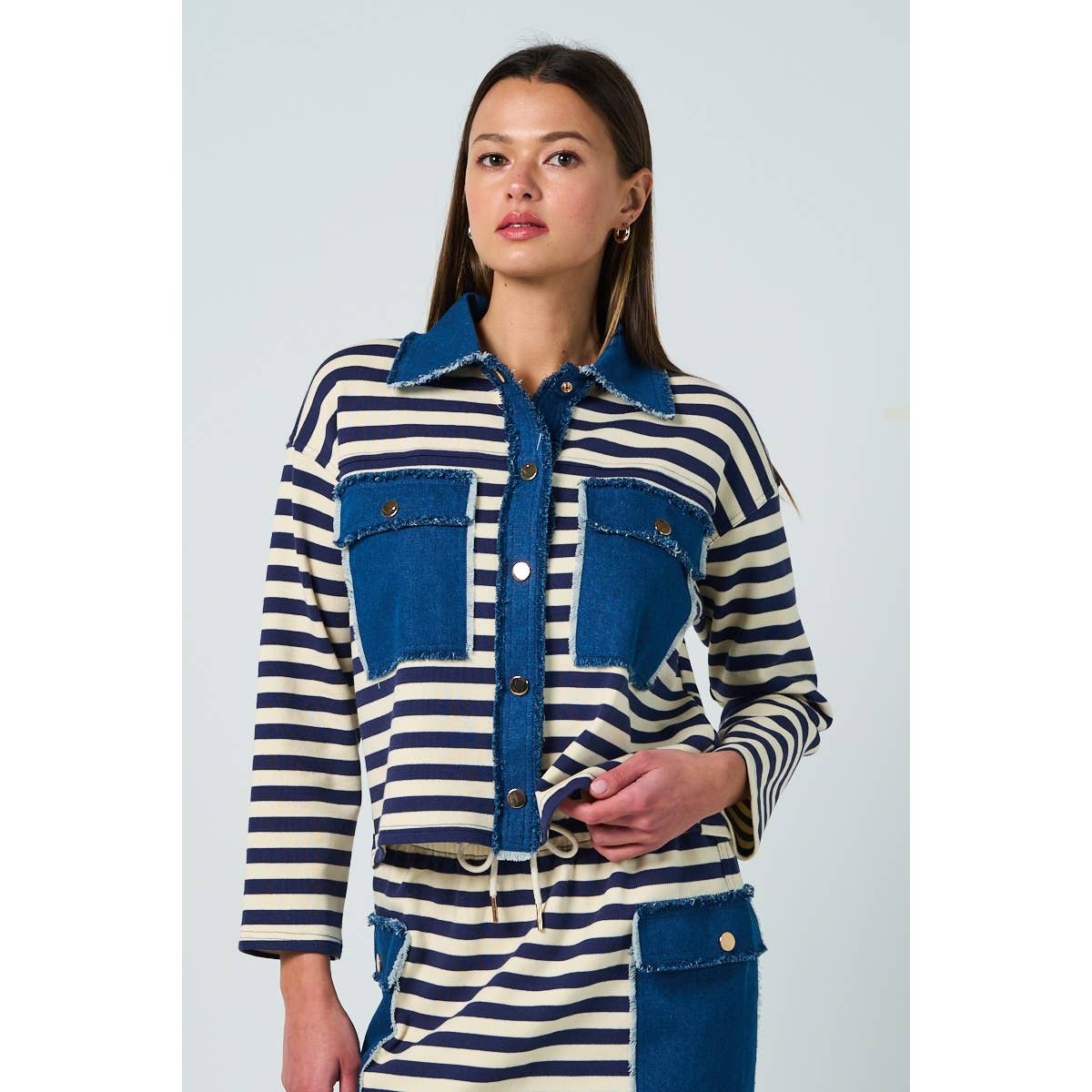Striped Button Down with Denim Details