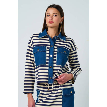 Striped Button Down with Denim Details