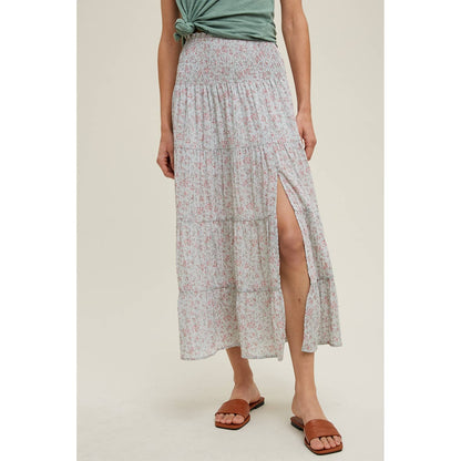 FLORAL TIERED MIDI SKIRT WITH SLIT