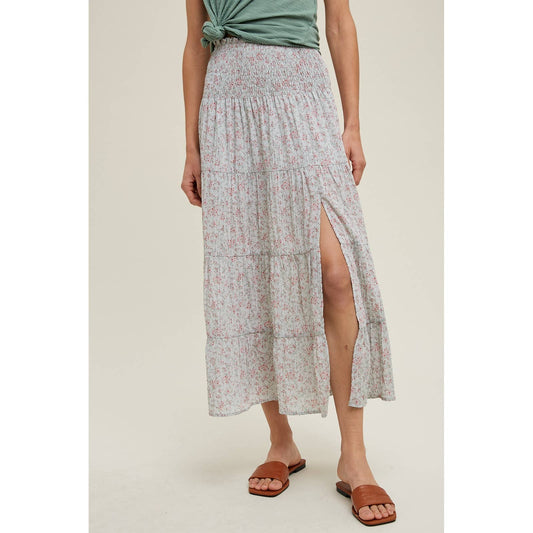 FLORAL TIERED MIDI SKIRT WITH SLIT